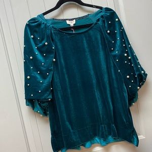 Nwt Umgee Jewel Emerald Green Velvet Beaded Pearl Puff Sleeve Christmas Blouse